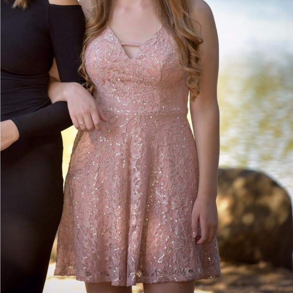 Pink Lace and Gold Sequin Homecoming Dress